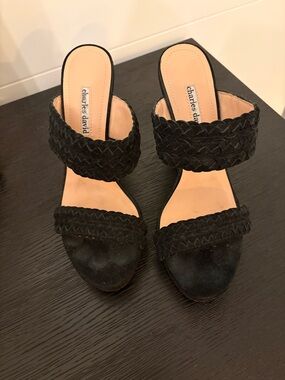 Charles David Black Braided Double-Strap Slide Heels